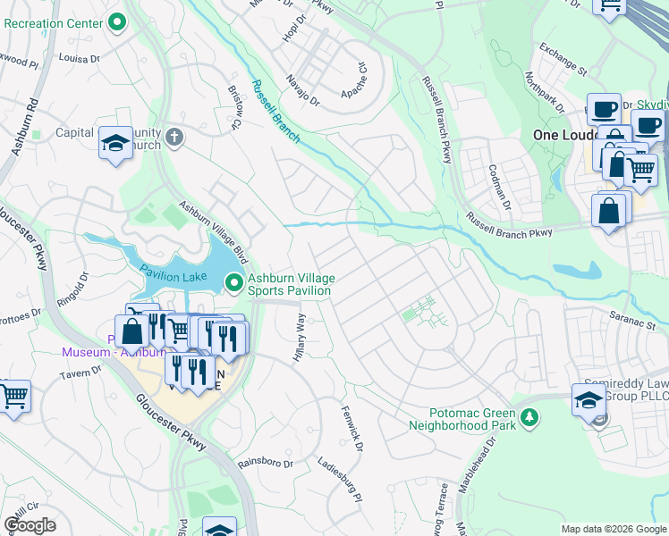 map of restaurants, bars, coffee shops, grocery stores, and more near 44309 Stableford Square in Ashburn