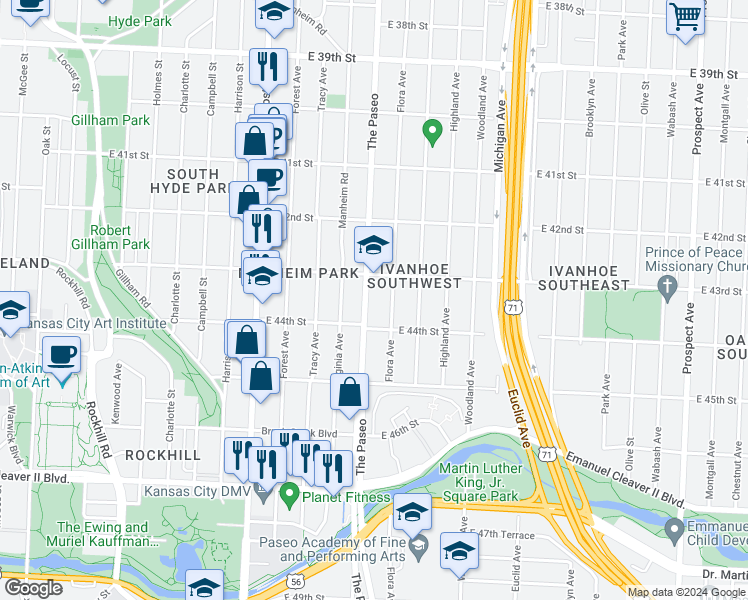 map of restaurants, bars, coffee shops, grocery stores, and more near 4323 The Paseo in Kansas City