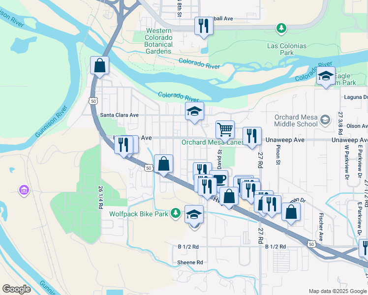 map of restaurants, bars, coffee shops, grocery stores, and more near 1822 Palmer Street in Grand Junction
