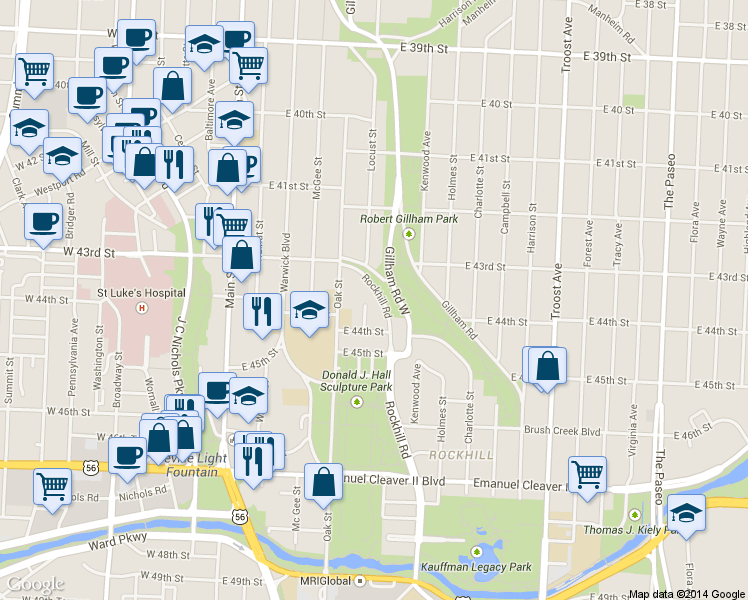 map of restaurants, bars, coffee shops, grocery stores, and more near 4334 Locust Street in Kansas City