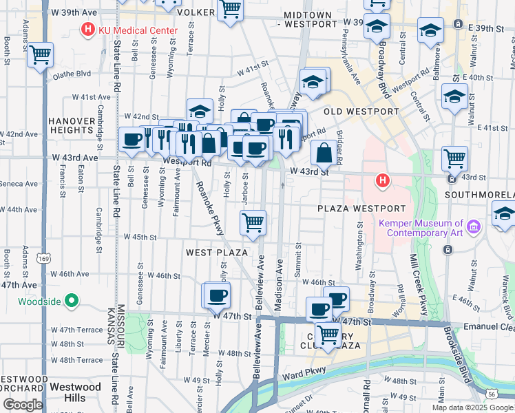 map of restaurants, bars, coffee shops, grocery stores, and more near 4401 Jarboe Street in Kansas City