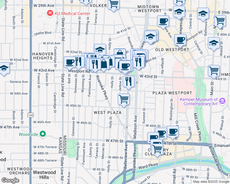 map of restaurants, bars, coffee shops, grocery stores, and more near 4403 Holly Street in Kansas City