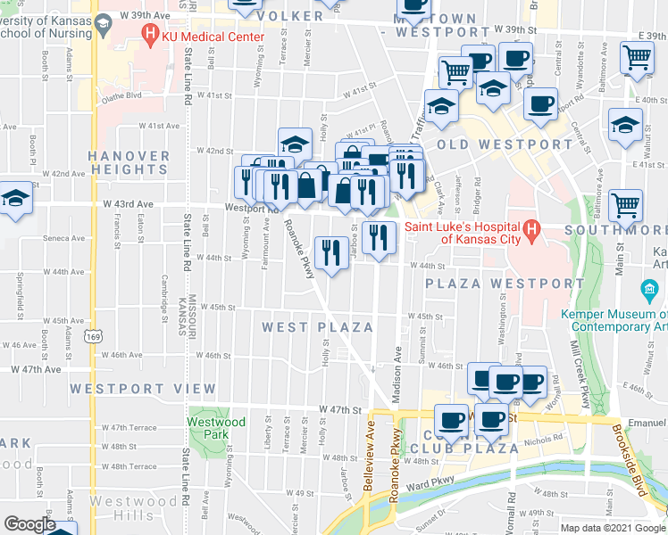 map of restaurants, bars, coffee shops, grocery stores, and more near 4403 Holly Street in Kansas City