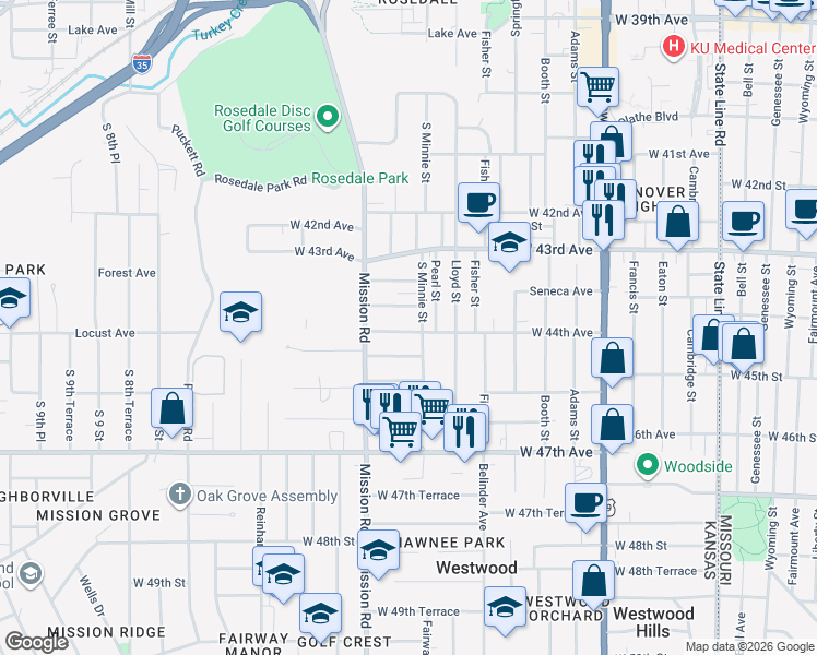 map of restaurants, bars, coffee shops, grocery stores, and more near 2914 West 44th Avenue in Kansas City