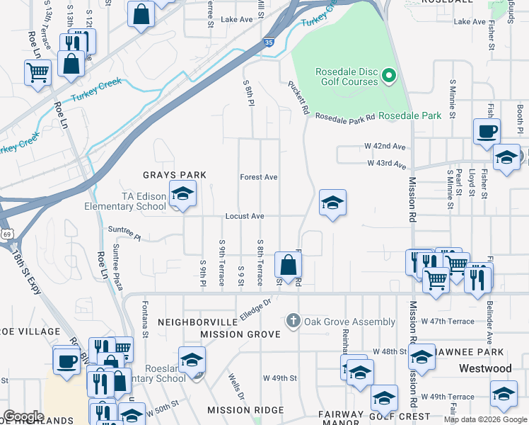 map of restaurants, bars, coffee shops, grocery stores, and more near 2947 South 8th Terrace in Kansas City