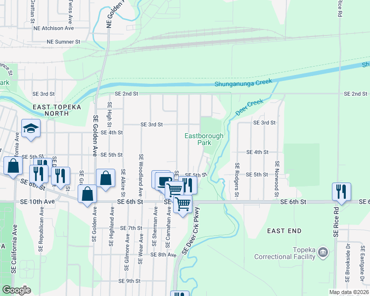 map of restaurants, bars, coffee shops, grocery stores, and more near 408 Southeast Winfield Avenue in Topeka