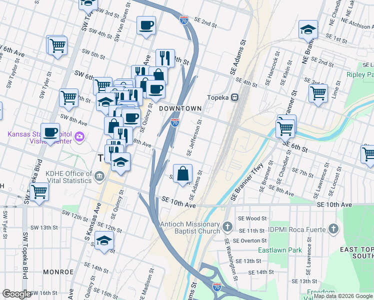 map of restaurants, bars, coffee shops, grocery stores, and more near 700-798 SE Jefferson St in Topeka