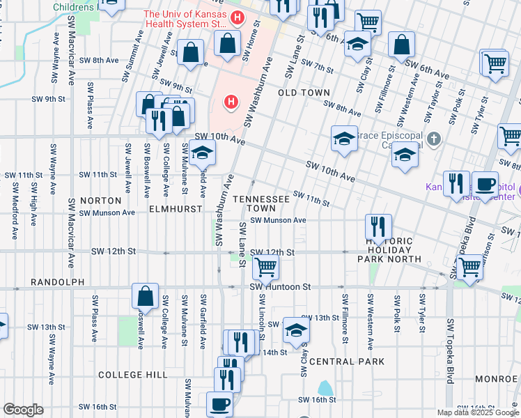 map of restaurants, bars, coffee shops, grocery stores, and more near 1129 Southwest Lincoln Street in Topeka