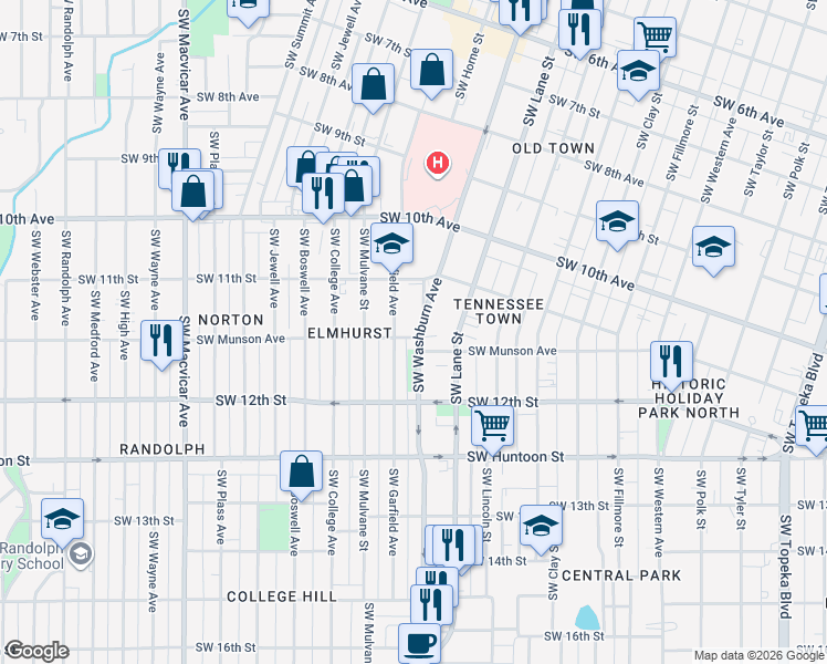 map of restaurants, bars, coffee shops, grocery stores, and more near 1141 Southwest Washburn Avenue in Topeka