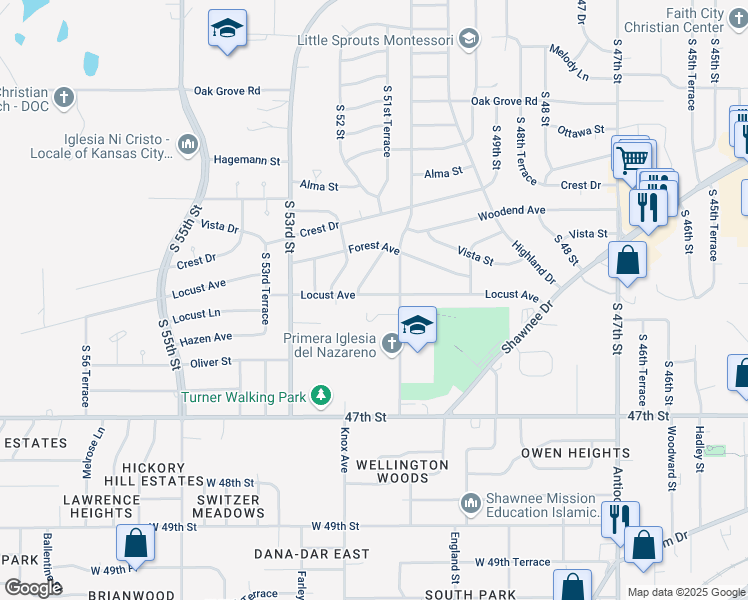 map of restaurants, bars, coffee shops, grocery stores, and more near 5121 Locust Avenue in Kansas City