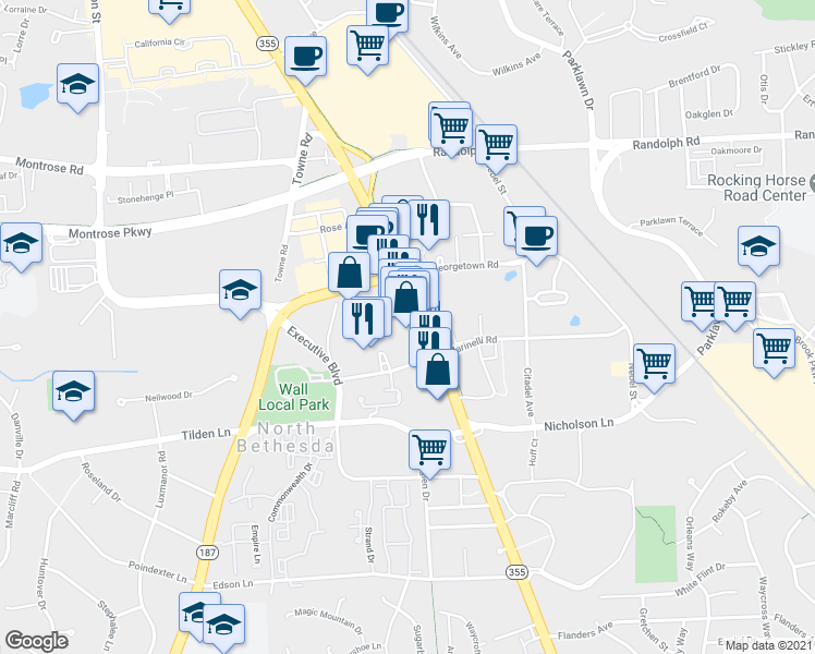 map of restaurants, bars, coffee shops, grocery stores, and more near 11620 Rockville Pike in Rockville
