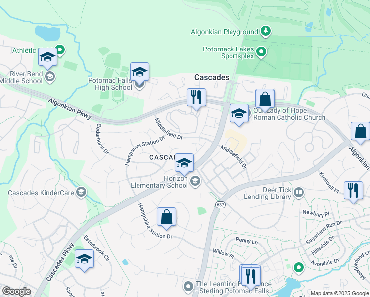 map of restaurants, bars, coffee shops, grocery stores, and more near 46599 Hollymead Place in Sterling