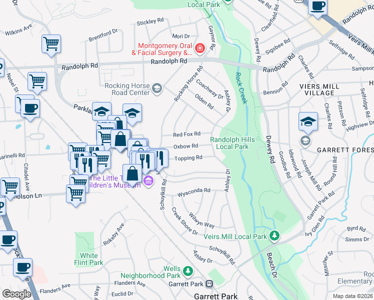 map of restaurants, bars, coffee shops, grocery stores, and more near 4718 Oxbow Rd in Rockville
