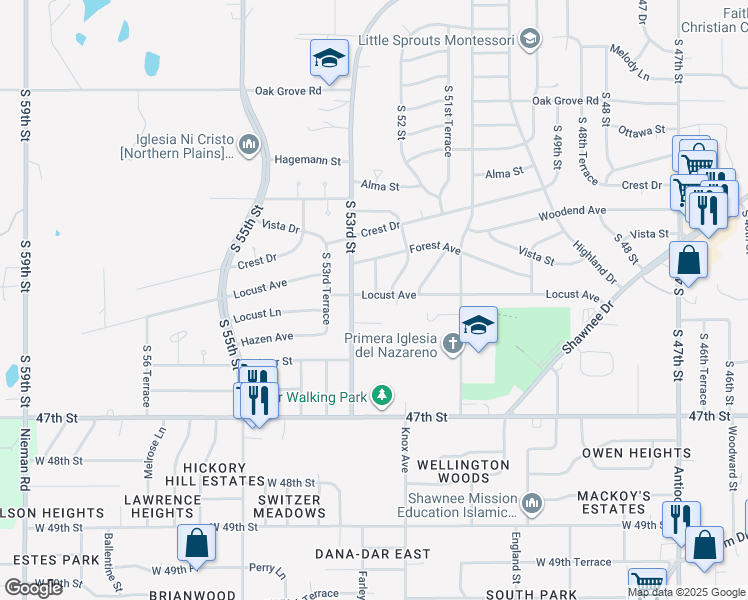 map of restaurants, bars, coffee shops, grocery stores, and more near 5217 Locust Avenue in Kansas City