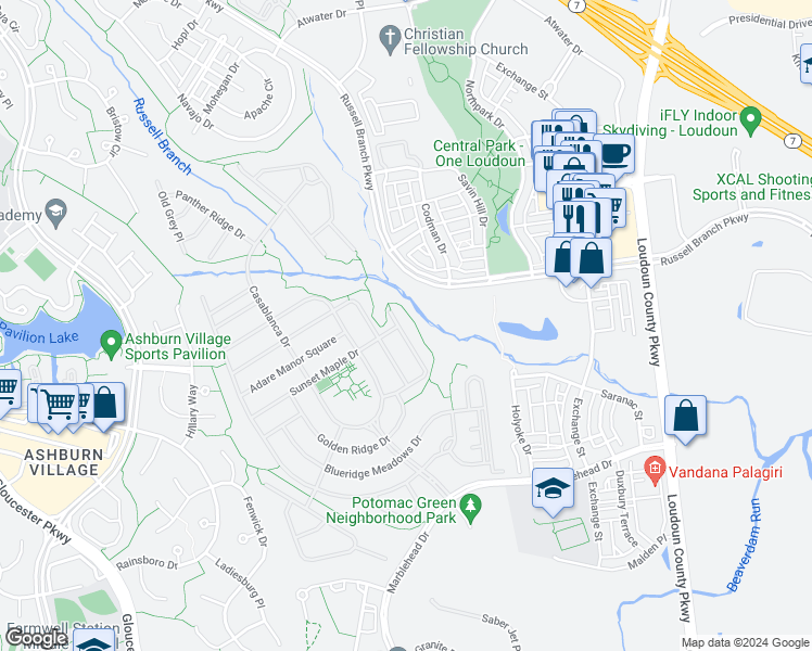 map of restaurants, bars, coffee shops, grocery stores, and more near 20560 Rosewood Manor Square in Ashburn