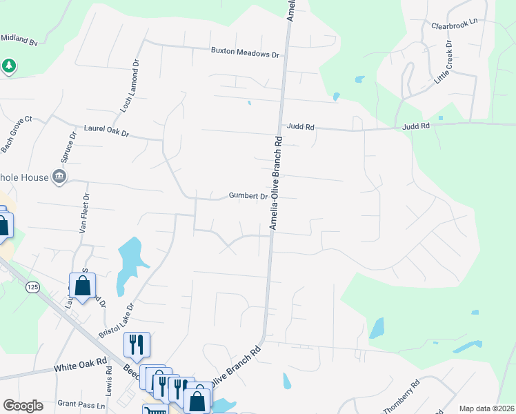 map of restaurants, bars, coffee shops, grocery stores, and more near 187 Amelia-Olive Branch Road in Amelia