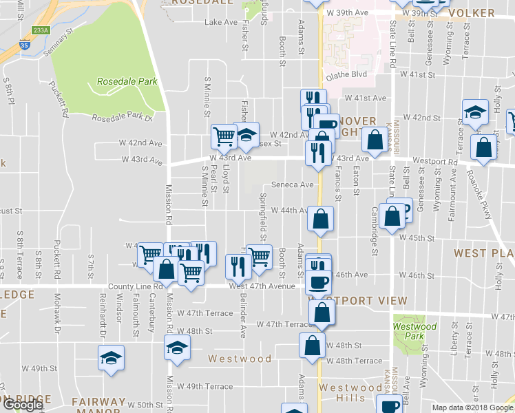 map of restaurants, bars, coffee shops, grocery stores, and more near 4422 Springfield St in Kansas City