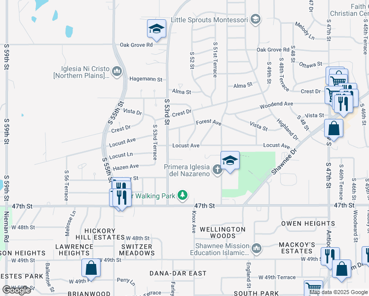 map of restaurants, bars, coffee shops, grocery stores, and more near 5217 Locust Avenue in Kansas City