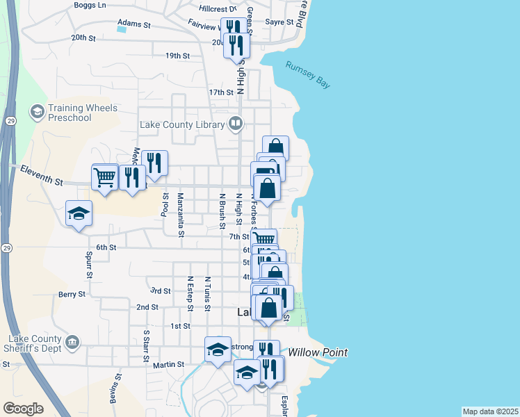 map of restaurants, bars, coffee shops, grocery stores, and more near 916 North Forbes Street in Lakeport
