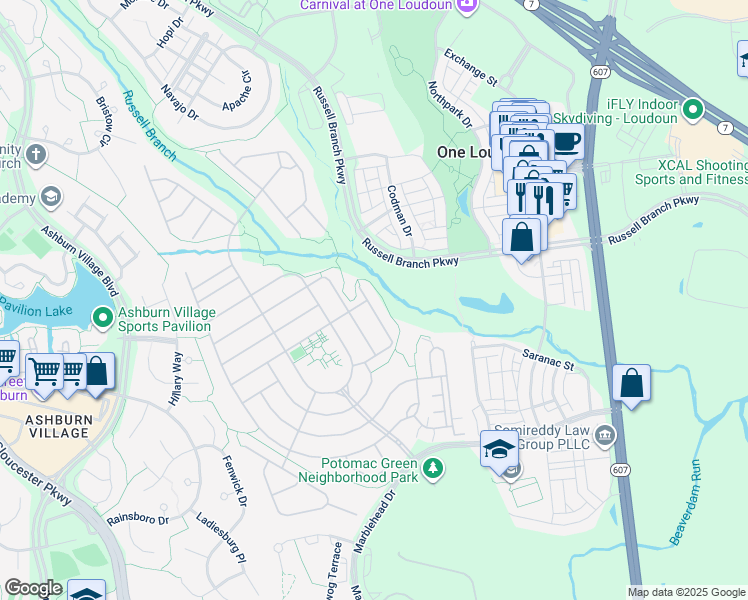 map of restaurants, bars, coffee shops, grocery stores, and more near 20560 Rosewood Manor Square in Ashburn