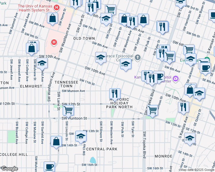 map of restaurants, bars, coffee shops, grocery stores, and more near 1029 Southwest Western Avenue in Topeka
