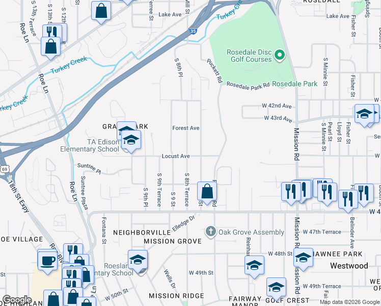 map of restaurants, bars, coffee shops, grocery stores, and more near 2947 South 8th Terrace in Kansas City