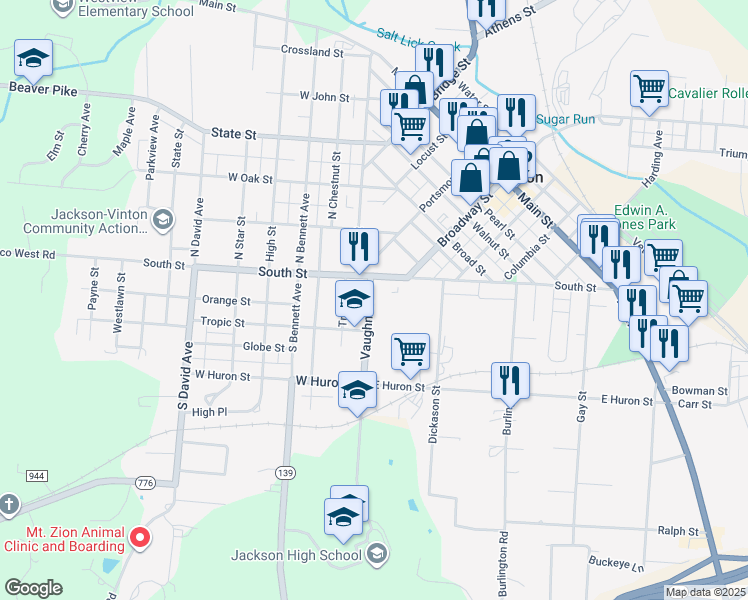 map of restaurants, bars, coffee shops, grocery stores, and more near 32 Vaughn Street in Jackson