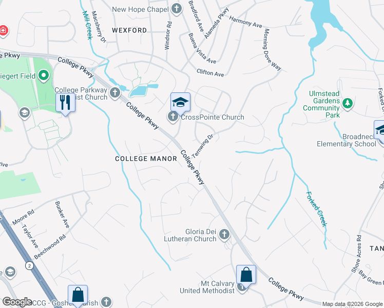 map of restaurants, bars, coffee shops, grocery stores, and more near 238 Ternwing Drive in Arnold