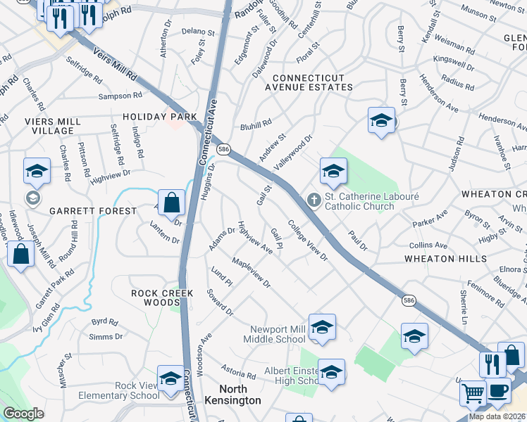 map of restaurants, bars, coffee shops, grocery stores, and more near 11613 Gail Street in Silver Spring