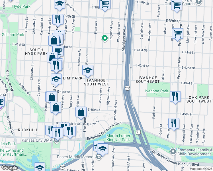 map of restaurants, bars, coffee shops, grocery stores, and more near 4316 Highland Avenue in Kansas City