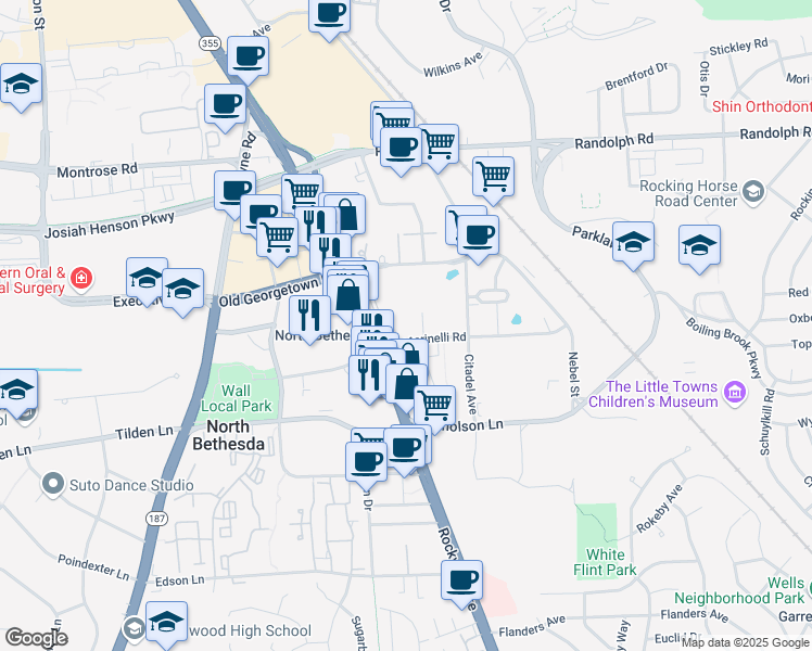 map of restaurants, bars, coffee shops, grocery stores, and more near 11601 Landsdown Street in Rockville
