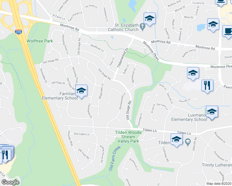 map of restaurants, bars, coffee shops, grocery stores, and more near 6804 Breezewood Terrace in Rockville