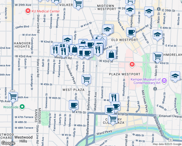 map of restaurants, bars, coffee shops, grocery stores, and more near 4400 Madison Avenue in Kansas City