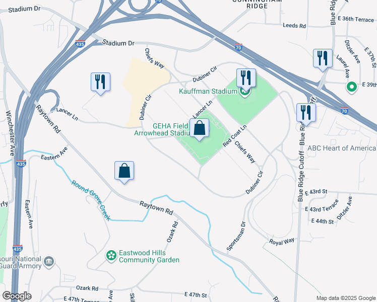 map of restaurants, bars, coffee shops, grocery stores, and more near Arrowhead Drive in Kansas City