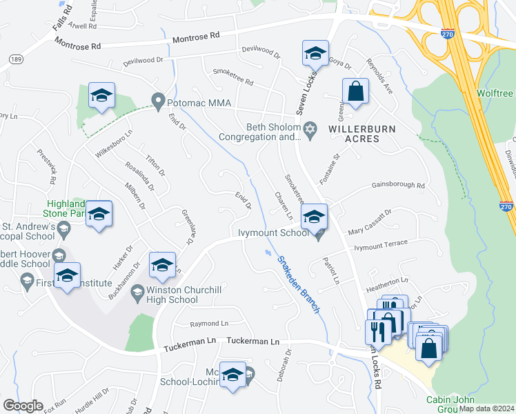 map of restaurants, bars, coffee shops, grocery stores, and more near 11717 Enid Dr in Rockville