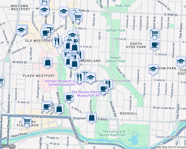 map of restaurants, bars, coffee shops, grocery stores, and more near 4331 McGee Street in Kansas City