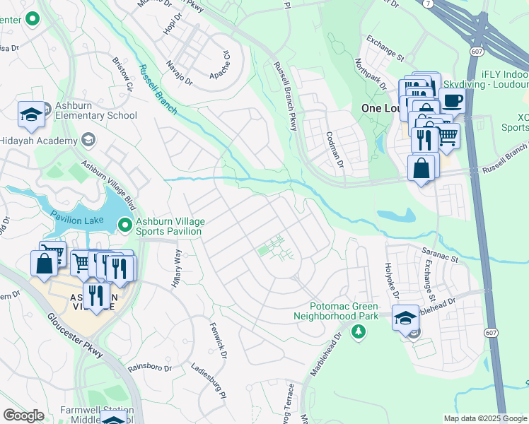 map of restaurants, bars, coffee shops, grocery stores, and more near 44415 Maltese Falcon Square in Ashburn