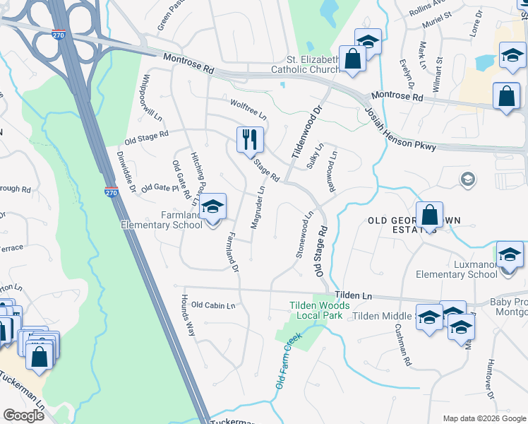 map of restaurants, bars, coffee shops, grocery stores, and more near 11713 Magruder Ln in Rockville