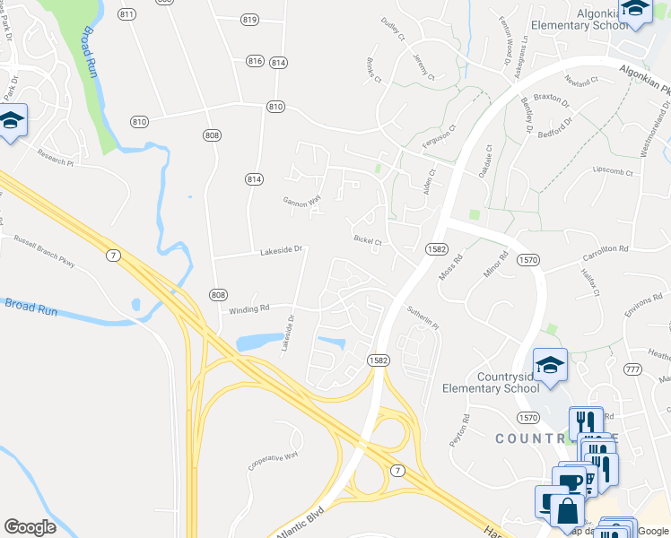 map of restaurants, bars, coffee shops, grocery stores, and more near 20522 Blue Heron Terrace in Sterling
