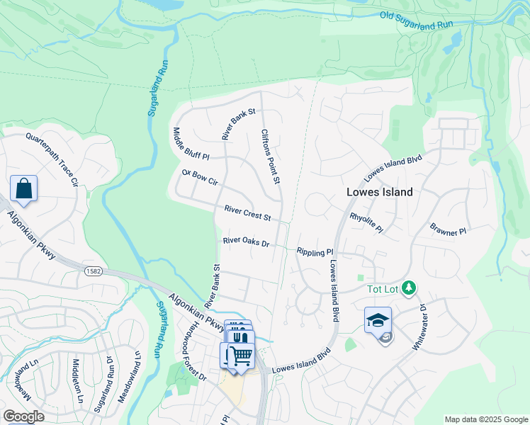 map of restaurants, bars, coffee shops, grocery stores, and more near 47428 River Crest Street in Sterling