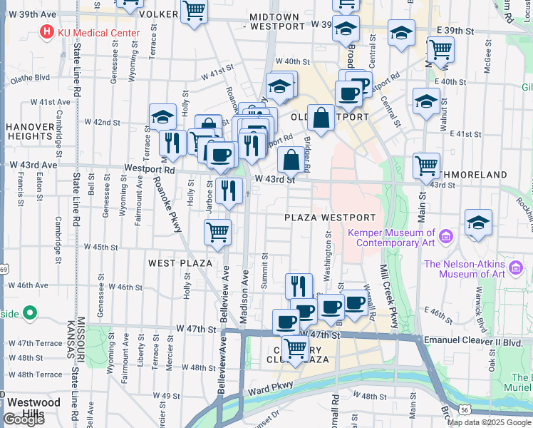 map of restaurants, bars, coffee shops, grocery stores, and more near 3659 Summit Street in Kansas City