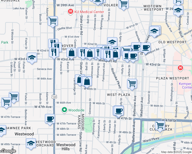 map of restaurants, bars, coffee shops, grocery stores, and more near 4404 Wyoming Street in Kansas City