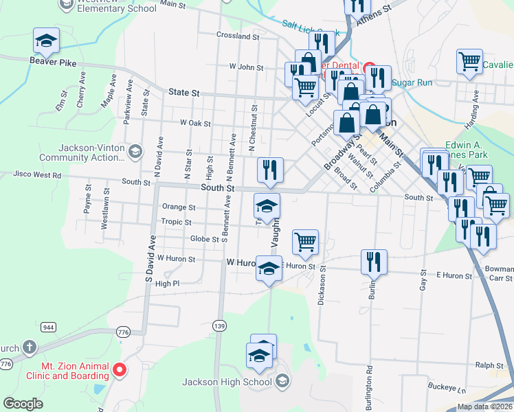 map of restaurants, bars, coffee shops, grocery stores, and more near 35 Trago Street in Jackson