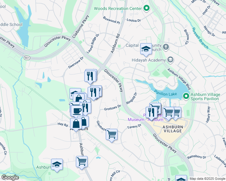 map of restaurants, bars, coffee shops, grocery stores, and more near 20521 Comfort Court in Ashburn