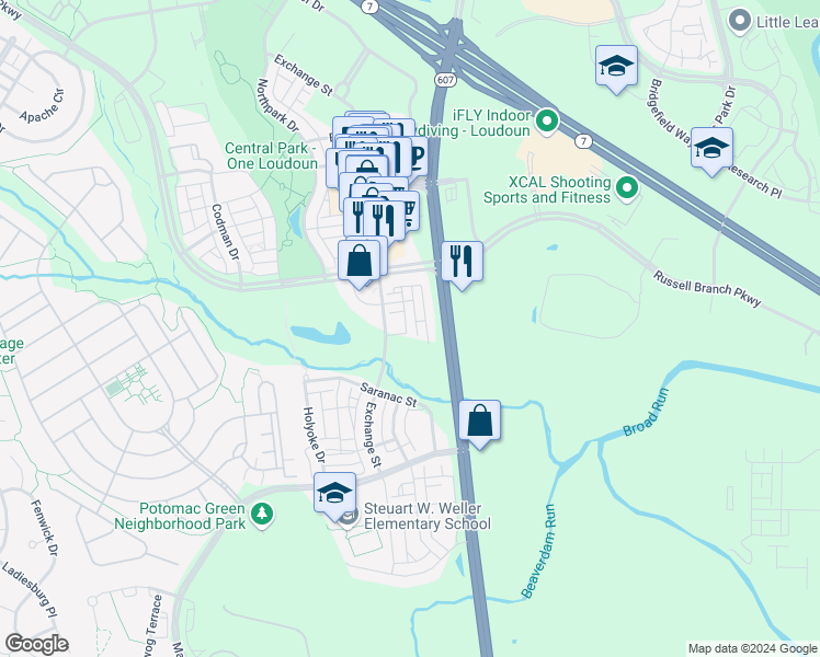 map of restaurants, bars, coffee shops, grocery stores, and more near 20503 Milbridge Terrace in Ashburn