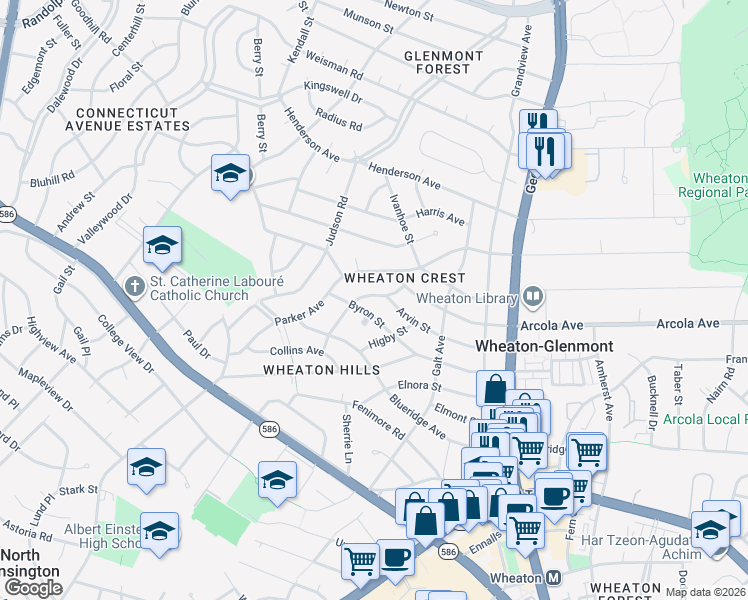 map of restaurants, bars, coffee shops, grocery stores, and more near 2806 Ivydale Street in Silver Spring