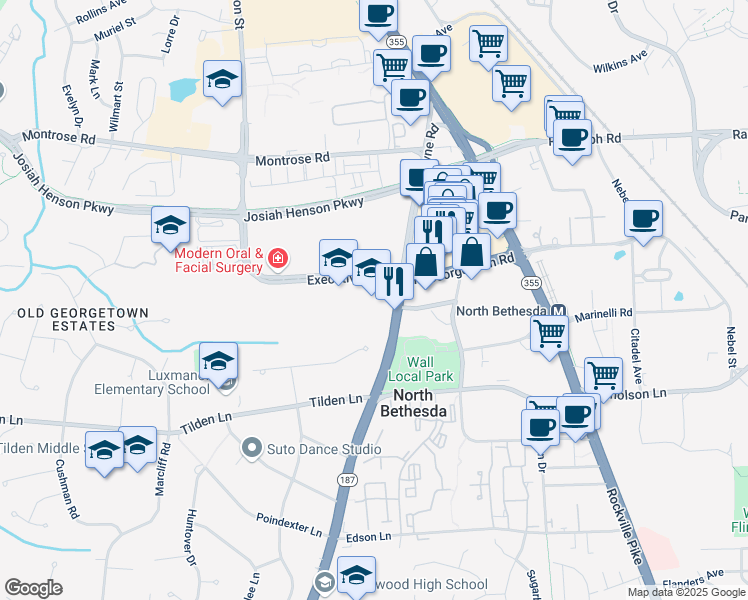 map of restaurants, bars, coffee shops, grocery stores, and more near 6000 Executive Boulevard in Rockville