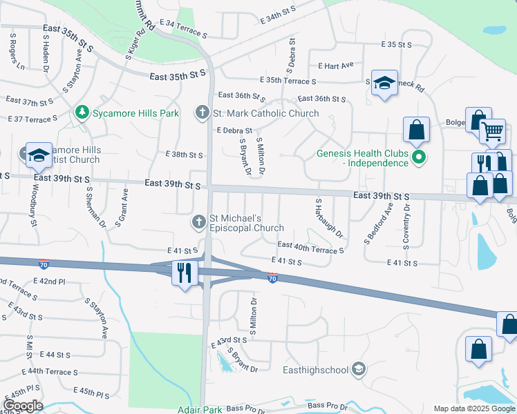 map of restaurants, bars, coffee shops, grocery stores, and more near 3912 South Milton Drive in Independence