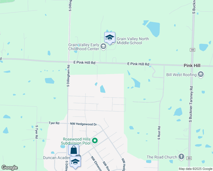 map of restaurants, bars, coffee shops, grocery stores, and more near 31707 East Pink Hill Road in Grain Valley