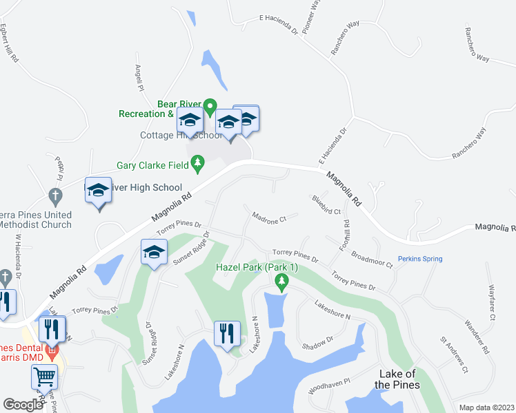 map of restaurants, bars, coffee shops, grocery stores, and more near 11448 Madrone Court in Auburn